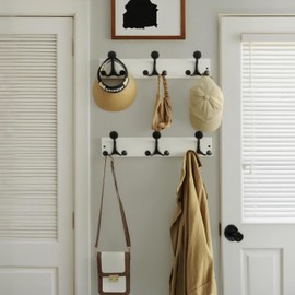 WEBI Coat Rack Wall Mount,17” Solid Wood Coat Hooks Wall Mounted Coat Hanger,16” Hole to Hole,Heavy Duty Hook Rack Rail,3 Triple Hooks for Hanging Coats,Jacket,Clothes,Hat,Backpack,White