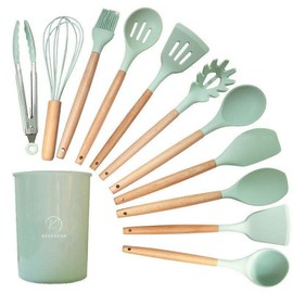 Deluxe 12-Piece Silicone Kitchen Utensils Set with Durable Cooking Tools - Heat Resistant Nonstick Cookware Essentials, Includes Spoon, Spatula, Ladle, and Utensil Set Holder (Mint Green)