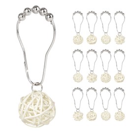 Sunlit Boho Decorative Rattan Balls Shower Curtain Hooks, Wicker Orbs Shower Curtain Rings for Bathroom, Farmhouse Shower Curtain Hangers Bathroom Accessories, Set of 12, Cream White