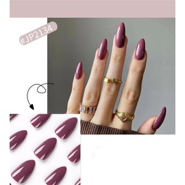 24 PCS Elegant Meranti Pure Color Press On False Nails Short Medium Length Full Cover Acrylic Almond Shaped Fake Nails for Women Lady Nail Salons and Home DIY Nail Art (JP2134 Berry Purple)