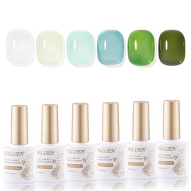 Gellen Jelly Green Gel Nail Polish Set, 6pcs Sheer White, Soak Off UV Cure Gel Polish for Nail Art Salon Diy at Home, Mint Olive Sage Emerald Green