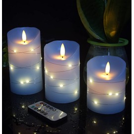 danip Sky Blue LED Flameless Candle, with Embedded Star String, 3-Piece Set of LED Candles, with 11 Button Remote Control, 24-Hour Timer Function, Dancing Flames, Real Wax, Battery Powered.