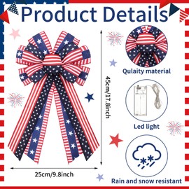 CraftyDream 2 Pcs Large Patriotic Memorial Day Lighted Wreath Bow Decor,4th of July Red White Blue Burlap American Flag Star Wreath Indoor Outdoor Tree Topper Independence Day Decor(Classic Style)