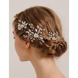 Wekicici Crystal Bride Wedding Hair Pins Floral Pearl Flower Hair Pins Silver Wedding Hair Accessories for Women Rhinestone Headpiece Bridal Hair Clips Pins (Silver)