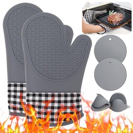 6 Piezas Juego de Guantes para Horno de Silicona,Guantes de Cocina para Horno de Silicona con Mini Guantes de Horno y Almohadillas para lo Caliente para Cocina y Horneado