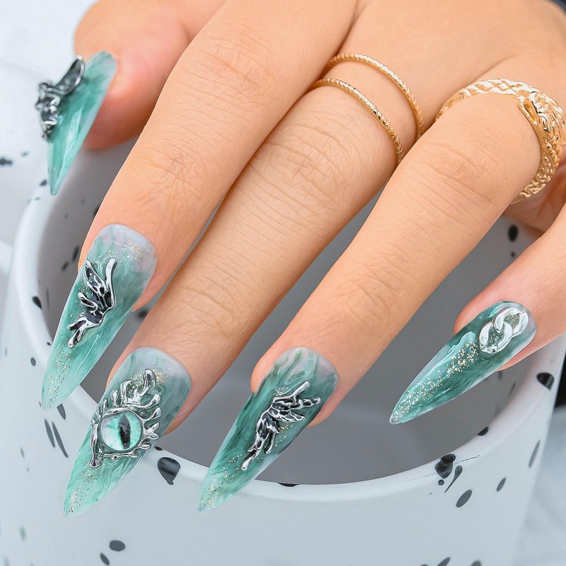 Sethexy Long Stiletto Handmade False Nails Green Shiny False Nails