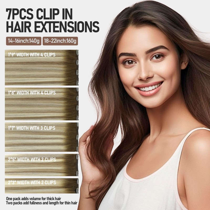 VINBAO Clip in Hair Extensions Real Human Hair 16inch 140g