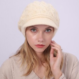 Warm Winter Hat Fleece Hat Visor Winter Hat Women's Warm Lined Winter Hat Knitted Peaked Cap Baseball Cap with Soft Thick Fleece Lining, beige