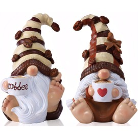2PCS Coffee Gnomes Figurines Home Decoration Fall Gnomes Coffee Bar Accessories Decor Elfs Statue Cute Resin Housewarming Gifts for Women Tiered Tray Table Ornament,Sit 4.9H