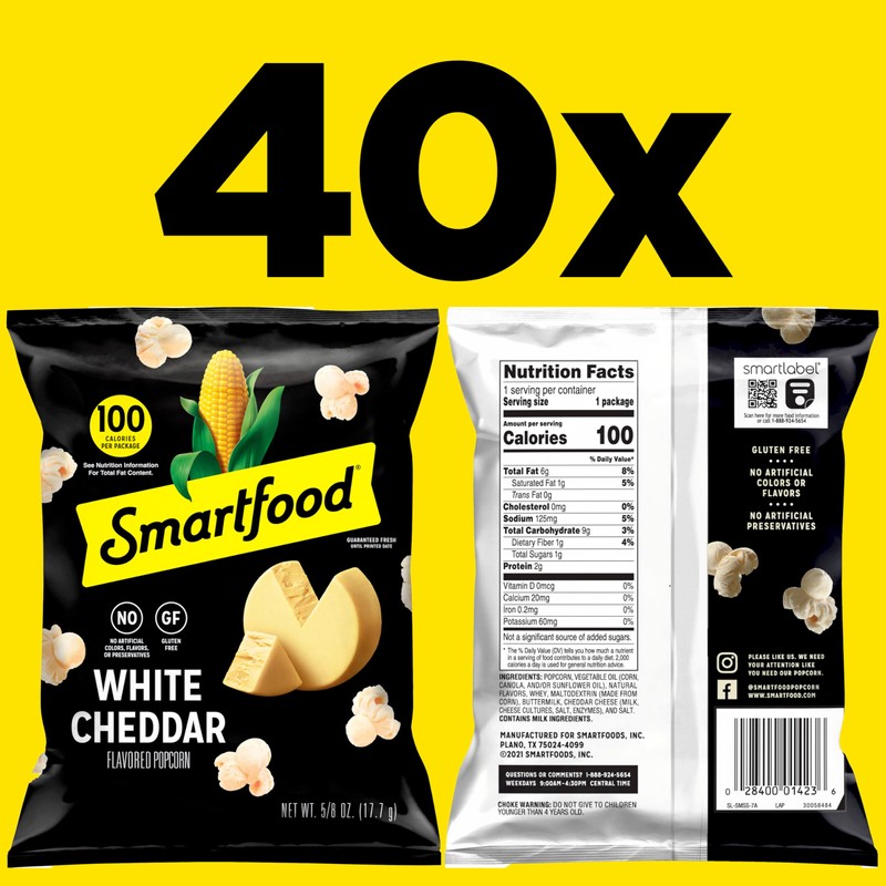 Smartfood Popcorn, White Cheddar, 0.625 Ounce (Pack of 40)