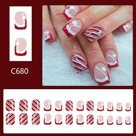 24Pcs Christmas Press on Nails French Tip Short Square Fake Nails with Red Santa Hat Nail Tip Design Red Stripes Silver Glitter Glue on Nails Winter Xmas False Nails for Women Holiday Nail Decoration