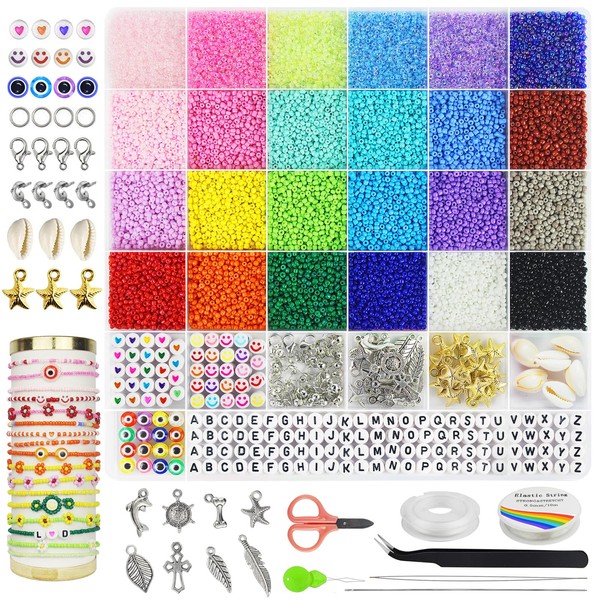 Hbnlai 17000 pcs 2mm Glass Seed Beads for Jewelry Making Kit, Small Beads Friendship Bracelets Making Kits, Tiny Waist Beads Kit with Evil Eye Letter Beads and Elastic String, DIY Art Craft Girls Gifts