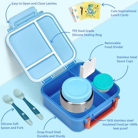 Kids Bento Lunch Box with 9oz Soup Thermo Leakproof Lunch Food Containers 4 Compartment with Insulated Hot Food Jar for Kid Toddler Girls Boys to School, Trvael