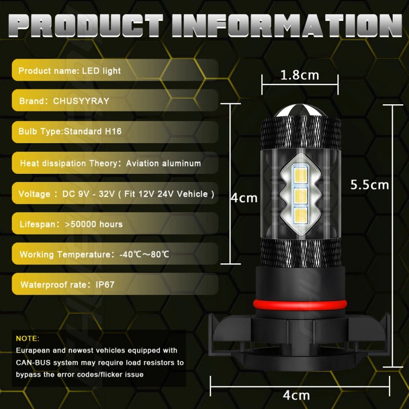 CHUSYYRAY 2X 3000K YELLOW LED FOG LIGHT BULBS KIT FOR