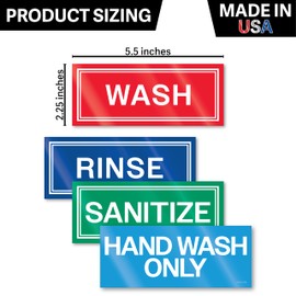 Wash Rinse Sanitize Sink Labels with Handwash Only Sign, Made in USA, 5.5x2.25 Wash Rinse Sanitize Sink Stickers for 3 Compartment Sinks, Commercial Restaurant Kitchen Labels, Bussing Station Signs