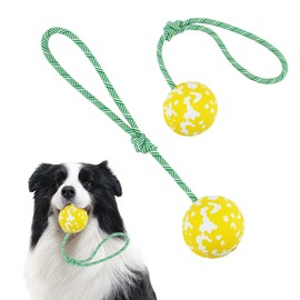 PawSailor Dog Toy Ball on Rope, Aggressive Chewers Heavy Duty Ball - Nature Bamboo Fiber & Rubber, Chew/Tug/Fetch - Training, Reward and Exercise Toy -Small Medium Breeds Yellow S