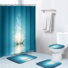 Britimes 4 Piece Shower Curtain Sets, with 12 Hooks, Magic Lotus Flower Turquoise Zen with Non-Slip Rugs, Toilet Lid Cover and Bath Mat, for Bathroom Decor Set, 72" x 72"