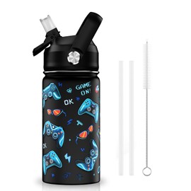ACESAK 14oz Kids Insulated Water Bottle with Straw Lid - 18/8 Stainless Steel Kid Cup Travel Tumbler Double Wall Vacuum Leak Proof Portable Toddler Water Bottle (Game)