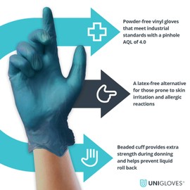 UNIGLOVES GS0083 Examination Gloves, Blue Vinyl-Powder Free, Medium, Set of 100