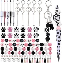 WEWAYSMILE 5 Set Plastic Bead Pen Beaded Pens Kit Beadable Keychains With Wooden Beads,Lobster Clasps,Tassels,Spacer Beads,Beaded Keychains,Beaded Pen for Schools Office Supplies(Paw Prints)