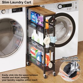 Aofure Slim Rolling Cart, 4 Tier Storage Cart, Narrow Cart with Handle, 5.1 Inches Deep, Metal Frame, for Kitchen, Dining Room, Living Room, Home Office, Rustic Brown and Classic Black