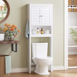 Spirich Over The Toilet Storage Cabinet, Space-Saving Above Toilet Bathroom Organizer with Adjustable Shelf and Hooks, White