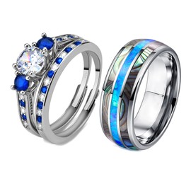 TWO RINGS Wedding Ring Sets His And Hers Promise Ring Couples Bridal Sets Women 925 Sterling Silver Blue aaa cz Man Titanium Wedding Bands, women's size 6 & men's size 11, Paper, Cubic Zirconia