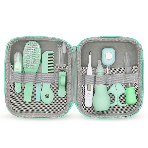 Baby Grooming Kit, Portable Baby Safety Care Set with Hair Brush Comb Nail Clipper Nasal Aspirator etc for Nursery Newborn Infant Girl Boys Keep Clean (11 in 1 Green)