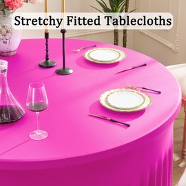6 Pack Hot Pink Spandex Round Tablecloths for 72 inch Table, Stretchy 132inch Fitted 6FT Fuchsia Round Table Cloths, Wrinkle Free Table Cover with Skirt for Wedding Party Dining Banquet