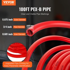VEVOR PEX Pipe 3/4 Inch, 100 Feet Non-Oxygen Barrier PEX-B Flexible Pipe Tubing for Potable Water, for Hot/Cold Water & Easily Restore, Plumbing Applications with Free Cutter & Clamps,Red