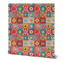 Removable Wallpaper 6ft x 2ft - Traditional Spanish Tiles Folk Vintage Antique Art Geometric Floral Squares Boho Custom Pre-Pasted Wallpaper by Spoonflower