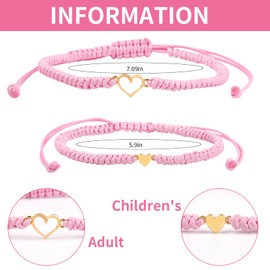 Mother and Daughter Matching Heart Bracelets Pink String Bracelets Mommy and Me Bracelets Heart Wish Set Back to School Gifts for Daughter Christmas Gift for Daughter (Pink)