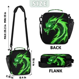 LOMBARDIDEN Kids Lunch Bag - Green Dragon Insulated Lunch Box for Girls Boys - Back to School Thermal Reusable Lunchbox Leakproof Cooler Tote Bag for School Picnic Travel