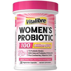Vitalibre Probióticos para mujeres 100 mil millones de UFC 15 cepas, suplemento probiótico y prebiótico diario con arándano orgánico para apoyar el...