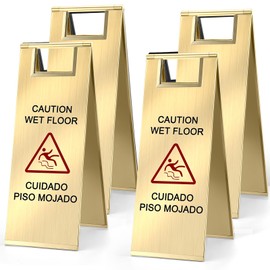 LEIFIDE 4 Pcs Stainless Steel Wet Floor Caution Sign Bulk 8.8 Pound Portable Foldable Handle Bilingual Safety Sign for Kitchen Restaurant Shop Commercial Use Avoid Fall and Slip Accident (Gold)
