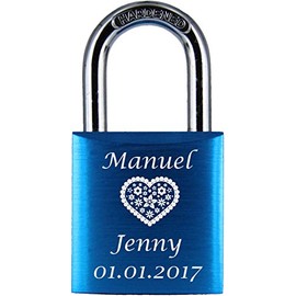 ♥ Love Goals Engraved Love Padlock with Engraving | Individual | Ideal Gift for Lovers & Couples | High-Quality Gift Box Lock with 2 Keys | Anodised | M006 | Colour, blue