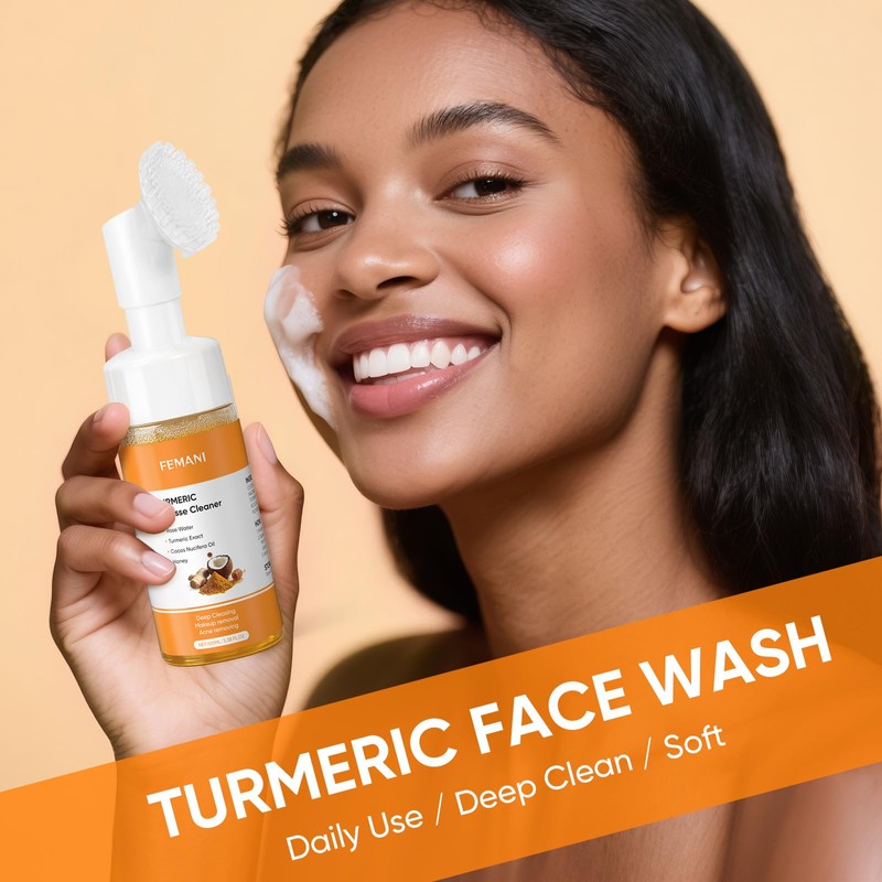 femani Glow Wash Face Wash With Brush, Turmeric Facial Cleanser