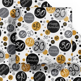 WRAPAHOLIC Birthday Wrapping Paper Sheet - 6 Sheets Black 30th Birthday Design Folded Flat for Birthday, Party, Baby Showers - 19.7 Inch X 27.5 Inch Per Sheet