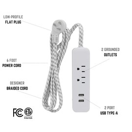 Clear Power 6 ft 2 Outlet + USB Charger Indoor Designer Fabric Flat Plug Extension Cord 16/3 SPT-2, 3 Prong Grounded Plug (White & Gray), CP10055