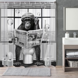 LKFBSC Funny Monkey Shower Curtain, Black and White Fun Animal Reading Newspaper on Toilet Bathroom Curtains, 72x72 Humorous Shower Curtain Set, Gray Bathroom Decor Curtain with Shower Hooks