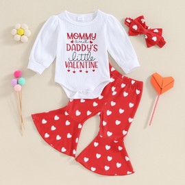Qianderer My First Valentines Day Toddler Baby Girl Outfit Heart Print Long Sleeve Romper and Flare Pants Bow Headband Infant Clothes (Bb Red, 6-12 Months)