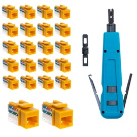 Easy Punch Down with Stainless Steel Blades For RJ45 LAN Cat6 / Cat5e Keystone Jacks + 20 Yellow Cat5e Keystones Jack Connectors Kit