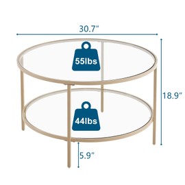 VINGLI Glass Coffee Table, 30" Round Coffee Table, Transparent Glass Coffee Tables for Living Room, 2-Tier Coffee Table with Storage, Modern Center Table with a Beige Frame, Mesa de Centro para Sala