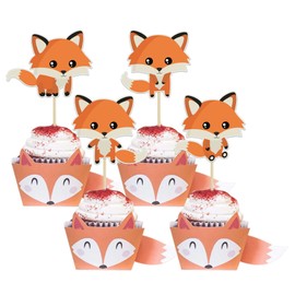 Paquete de 36 adornos de zorro para cupcakes con temática de animales del bosque para decoración de mesa de cumpleaños