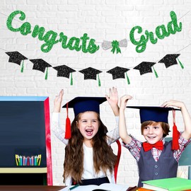 Glitter Green Congrats Grad Decorations Banner Pre-Strung Graduation Decorations Class of 2024 Banner Green and Black Congrats Grad with Tassel Decor College High School Graduation Party Favors no DIY