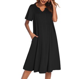 Ekouaer Nightgowns for Women Short Sleeve House Dress Pleated Moo Moos V Neck Lounge Dress with Pockets Black XX-Large