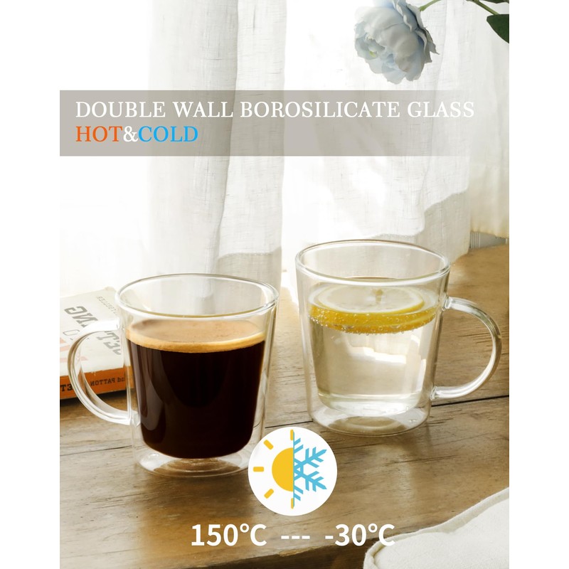 12oz Double Wall Glass Coffee Mugs, Cappuccino Latte Tea Cups