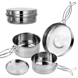 Dokeno 4-Piece Camping Crockery Set, Camping Cookware Set, Stainless Steel Outdoor Cookware, Foldable Camping Tableware Pot Plate, Camping Pot for Camping, Outdoor, Cooking, Hiking, Travel for 1-2