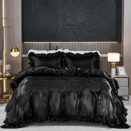 Guchuang Bedding Black Silk Ruffle Bedding Set Luxury Duvet Cover Double Size 3 Pieces Smooth Microfiber Quilt Cover with 2 Pillowcases 200x200cm
