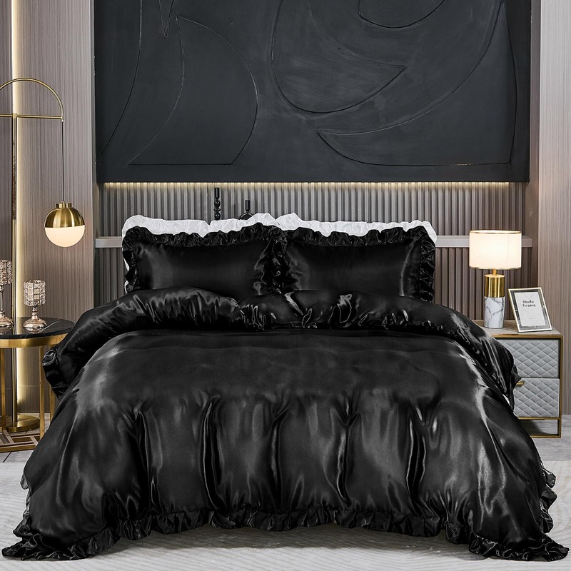 Guchuang Bedding Black Silk Ruffle Bedding Set Luxury Duvet Cover